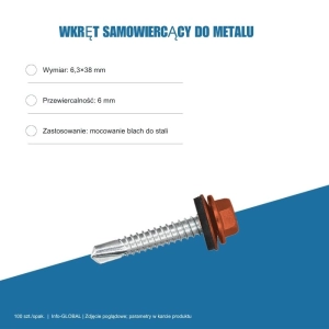 Wkręt samowiercący do metalu 6,3x38 mm, przewiercalność 6 mm, EPDM, 100 szt. – kolor do wyboru